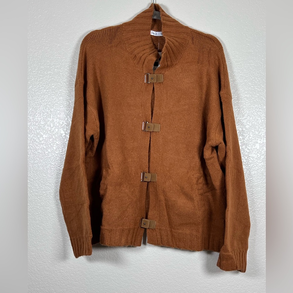 Dark camel buckle front cardigan, size 2X/3X